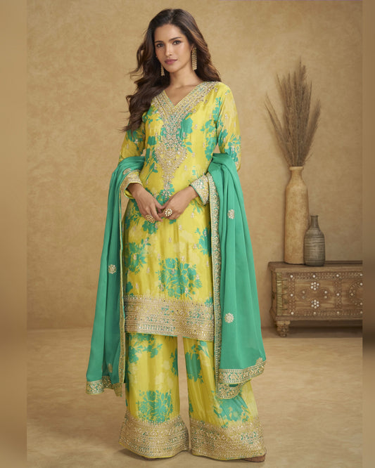 Woman wearing a yellow and green traditional outfit with a beige background