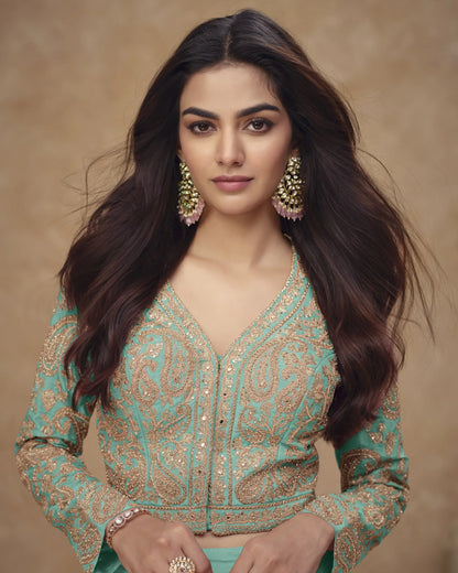 Woman wearing a teal and gold embroidered traditional outfit with jewelry against a beige background