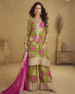 Green Chinon Silk Plazo With Top & Dupatta For Indian & Pakistani Wedding Festival - Dori Mirror Thread Sequence Work