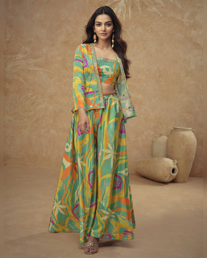 Woman wearing a colorful traditional outfit with a patterned design against a beige background.