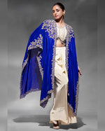 Blue Crepe Skirt Shrug Set With Blouse For Indian & Pakistani Wedding Festival - Dabka Dori, Sequence Embroidered Work