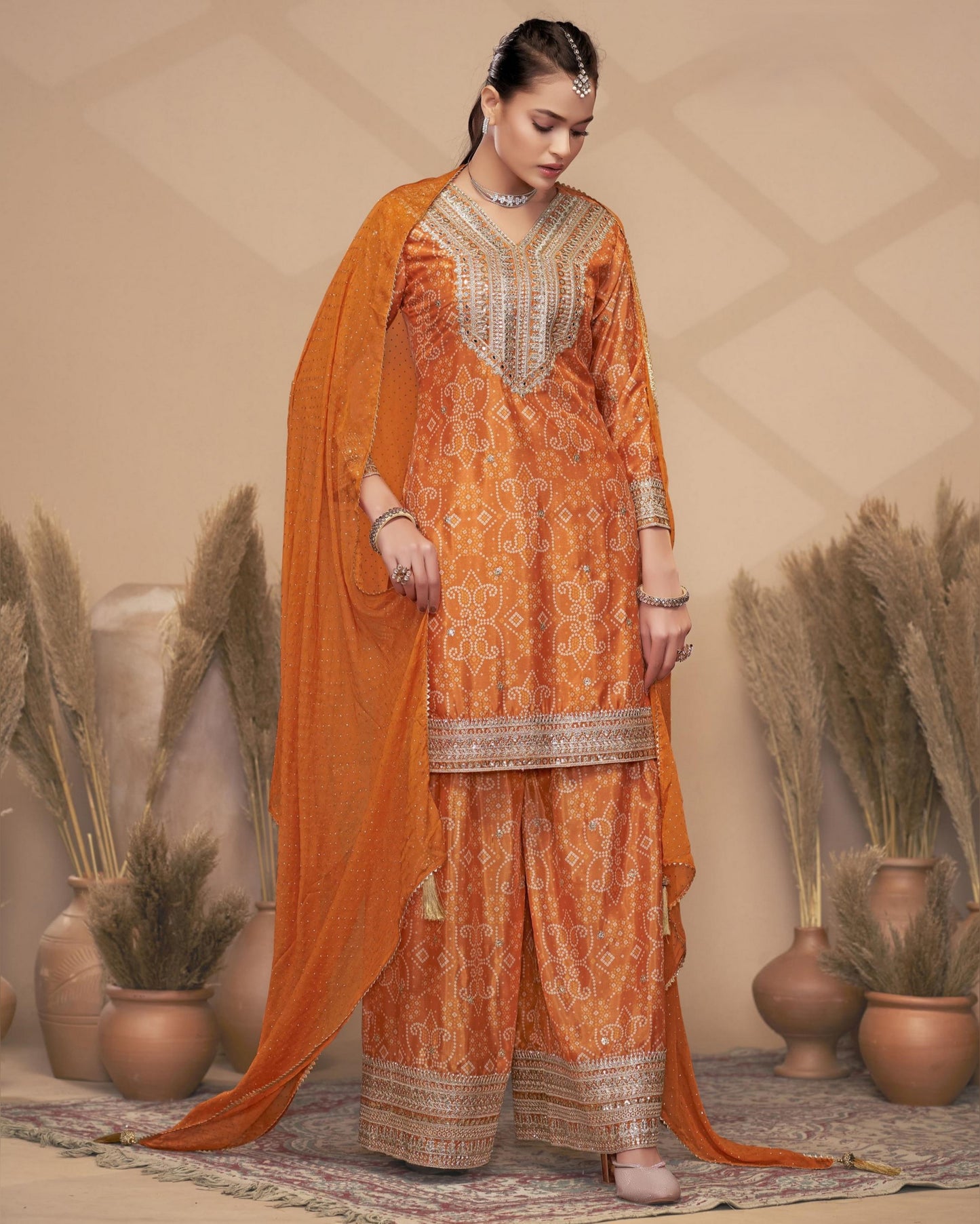Orange Chinon Silk Plazo With Kameez & Dupatta For Indian & Pakistani Wedding Festival - Dabka Dori Embroidery Handmade Mirror Work