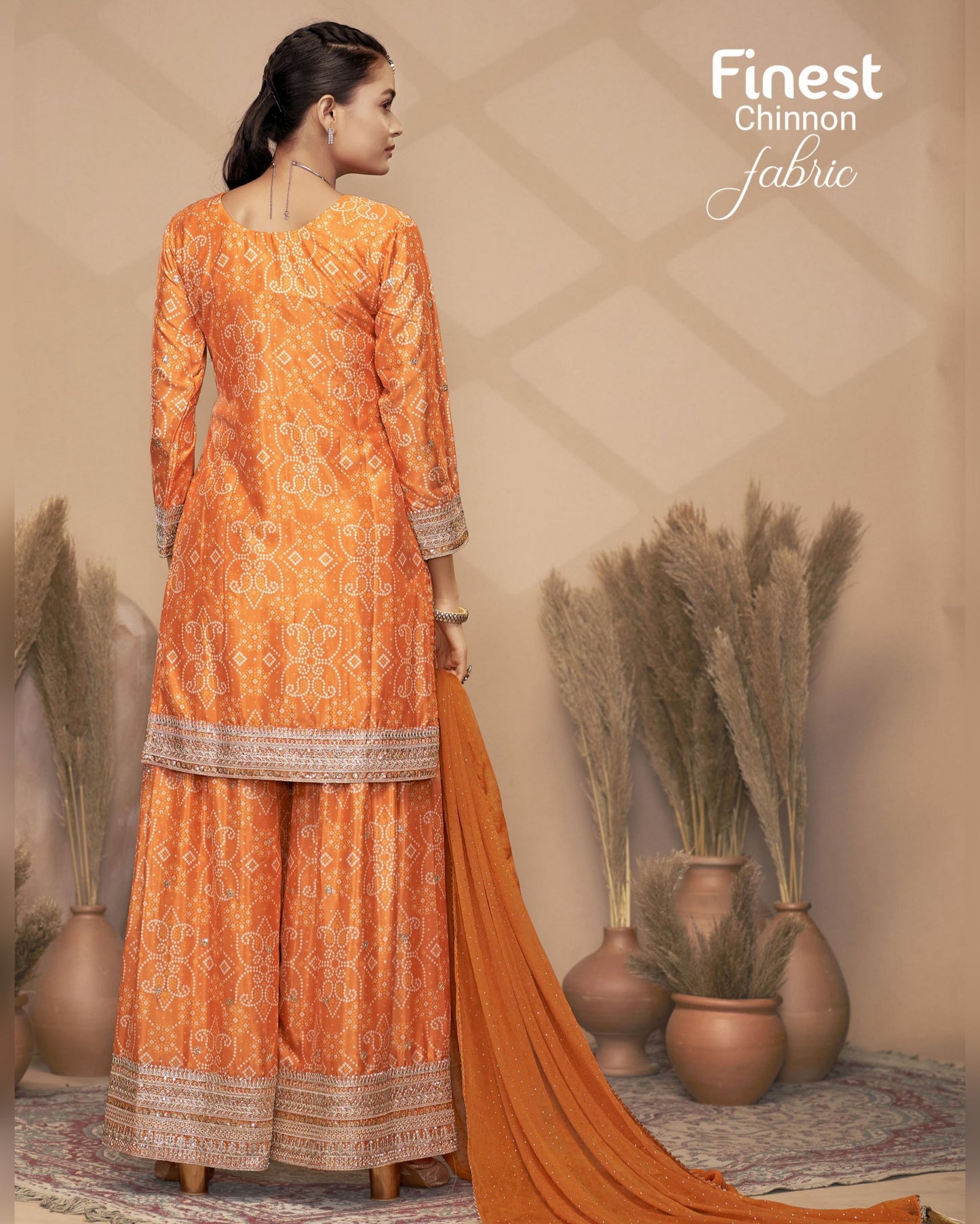 Orange Chinon Silk Plazo With Kameez & Dupatta For Indian & Pakistani Wedding Festival - Dabka Dori Embroidery Handmade Mirror Work