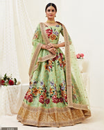 Green Satin Silk Lehenga Choli With Blouse & Dupatta For Indian & Pakistani Wedding Festival - Dori & Pearls Moti With Thread & Sequins Embroidery Work