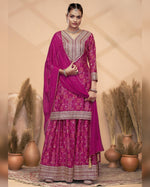 Pink Chinon Silk Plazo With Kameez & Dupatta For Indian & Pakistani Wedding Festival - Dabka Dori Embroidery Handmade Mirror Work