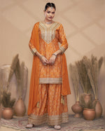 Orange Chinon Silk Plazo With Kameez & Dupatta For Indian & Pakistani Wedding Festival - Dabka Dori Embroidery Handmade Mirror Work