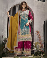 Sky Blue & Pink Chinon Silk Plazo Pair With Kameez & Dupatta For Indian & Pakistani Wedding Festival - Dabka Dori & Sequence With Handmade Mirror Embroidery Work