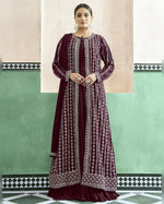 Maroon Georgette Anarkali Suit With Embroidered Jacket & Dupatta For Indian & Pakistani Wedding Festival - Thread Sequence Work