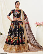 Black Satin Silk Lehenga Choli With Blouse & Dupatta For Indian & Pakistani Wedding Festival - Dori & Pearls Moti With Thread & Sequins Embroidery Work